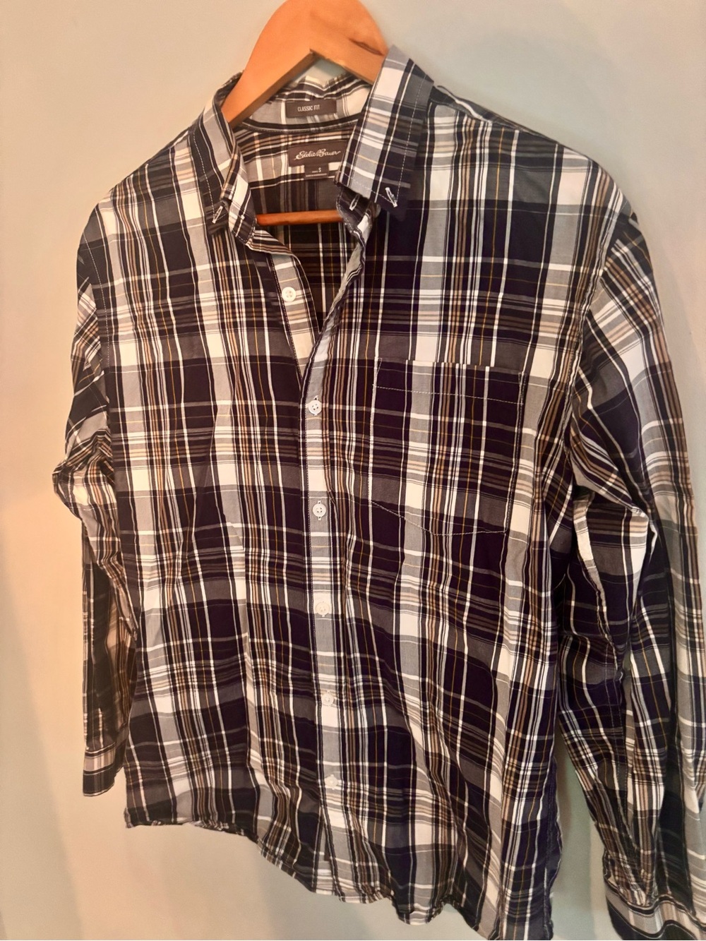 Eddie Bauer Navy and White Plaid Button-Down Shirt